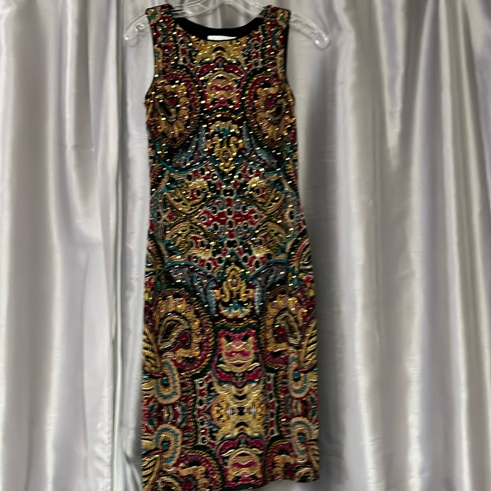 Joseph Ribkoff small body on dress blackk withh maroon green gold paisley design